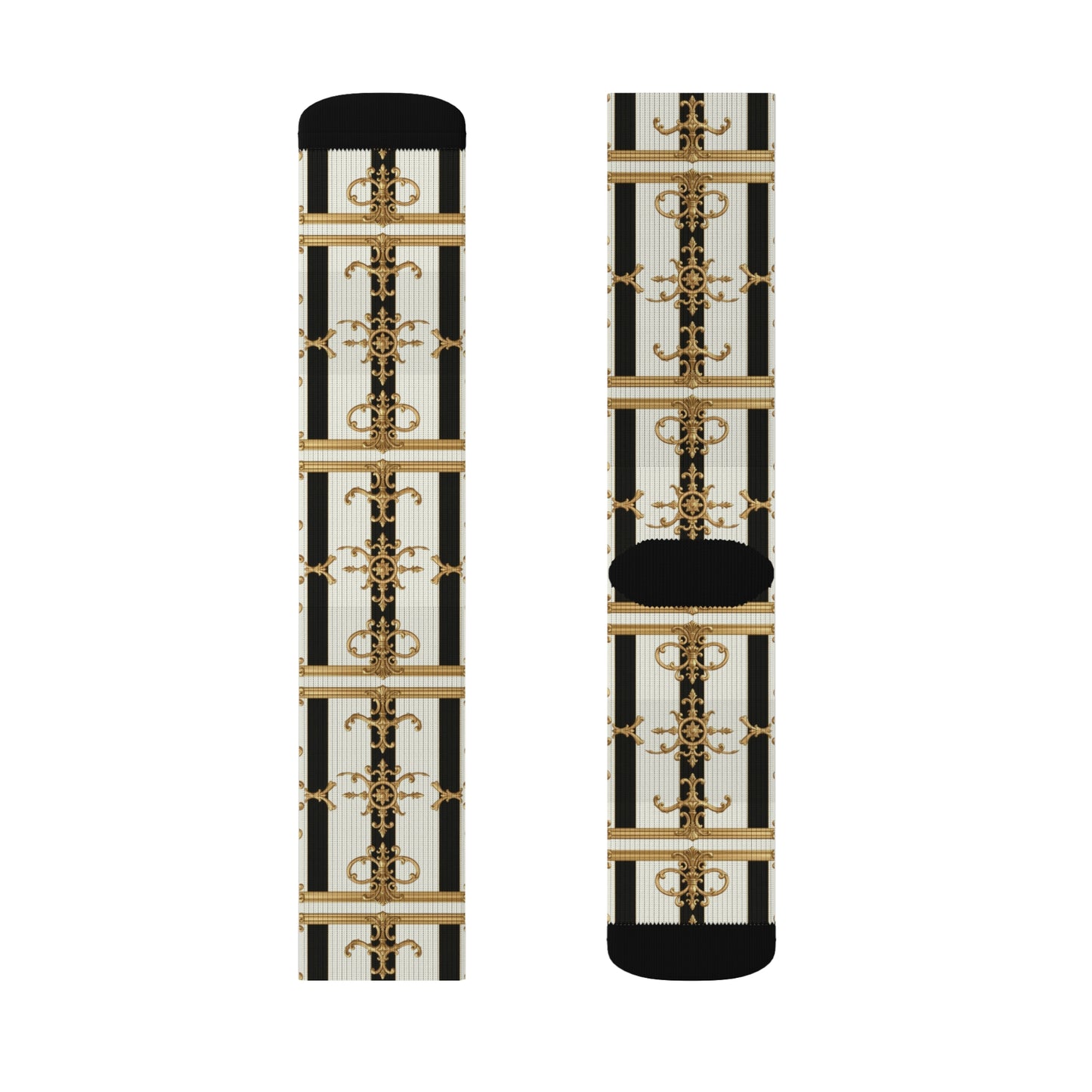 Chic Patterned Socks, Stylish Footwear Gift, Unique Fashion Statement, Cozy Everyday Use - Black & White Striped Gold Baroque