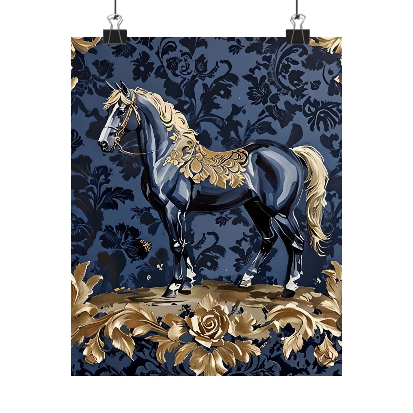 Floral Motif Art Poster - Elegant Matte Vertical Wall Decor - Midnight Blue & Gold Damask Horse