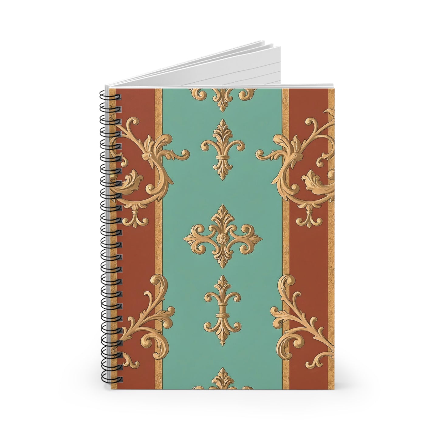 Elegant Floral Spiral Notebook - Ruled Lines | Vintage Design Journal, Writing Pad, School Supplies - Rust & Mint Aqua Striped Baroque