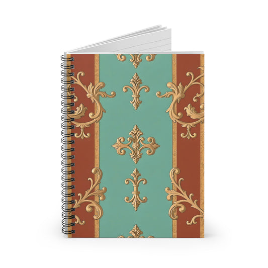 Elegant Floral Spiral Notebook - Ruled Lines | Vintage Design Journal, Writing Pad, School Supplies - Rust & Mint Aqua Striped Baroque