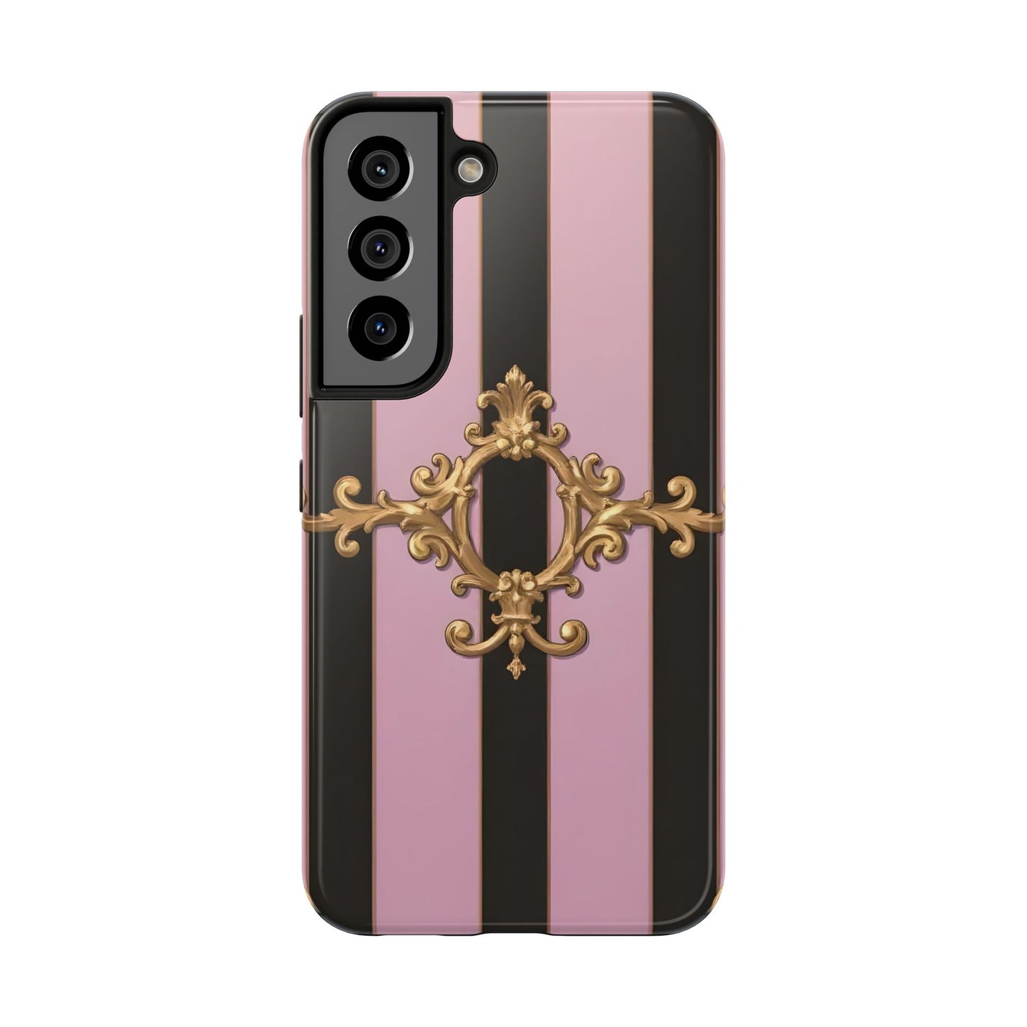 Stylish Tough Phone Case for Elegant Protection, Fashionable Accessories, Smartphone Cover - Matte Lavender & Black Striped Gold Baroque