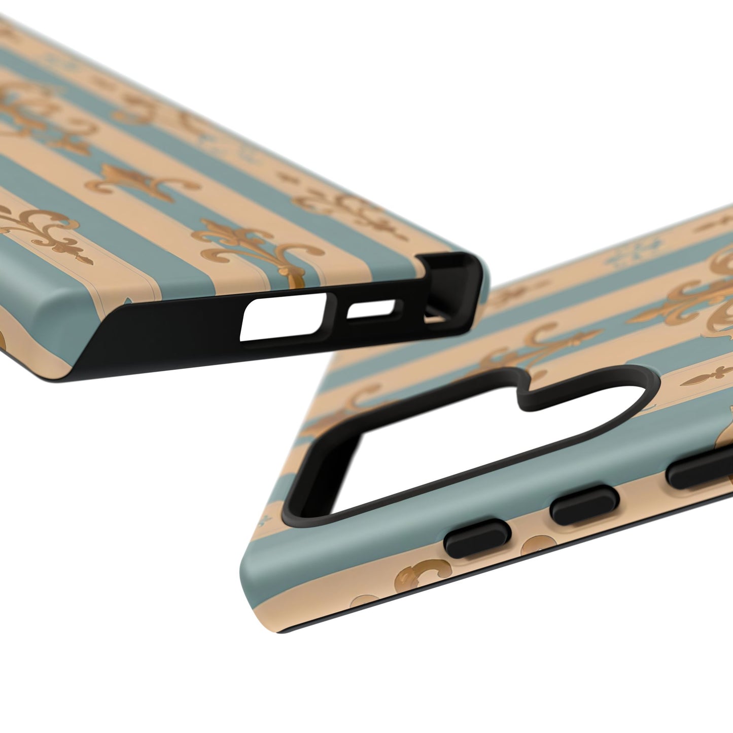 Elegant Floral Motif Phone Case - Tough Cases with Vintage Design -  Beige & Sky Blue Striped Gold Damask