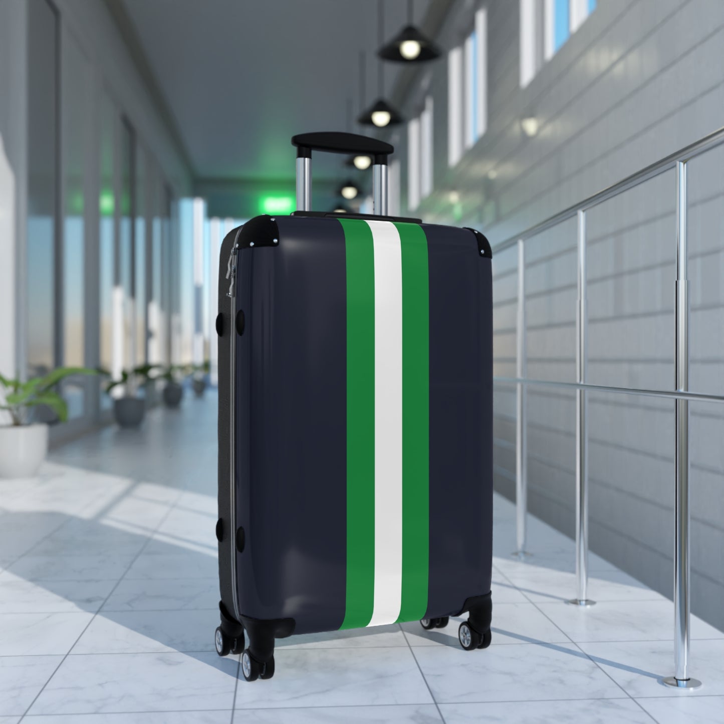 Lunar Midnight & Green-White Striped Stylish Carry-On Suitcase | Travel in Style, Lightweight Luggage, Gym Bag, Weekender Travel, Holiday Gift Idea