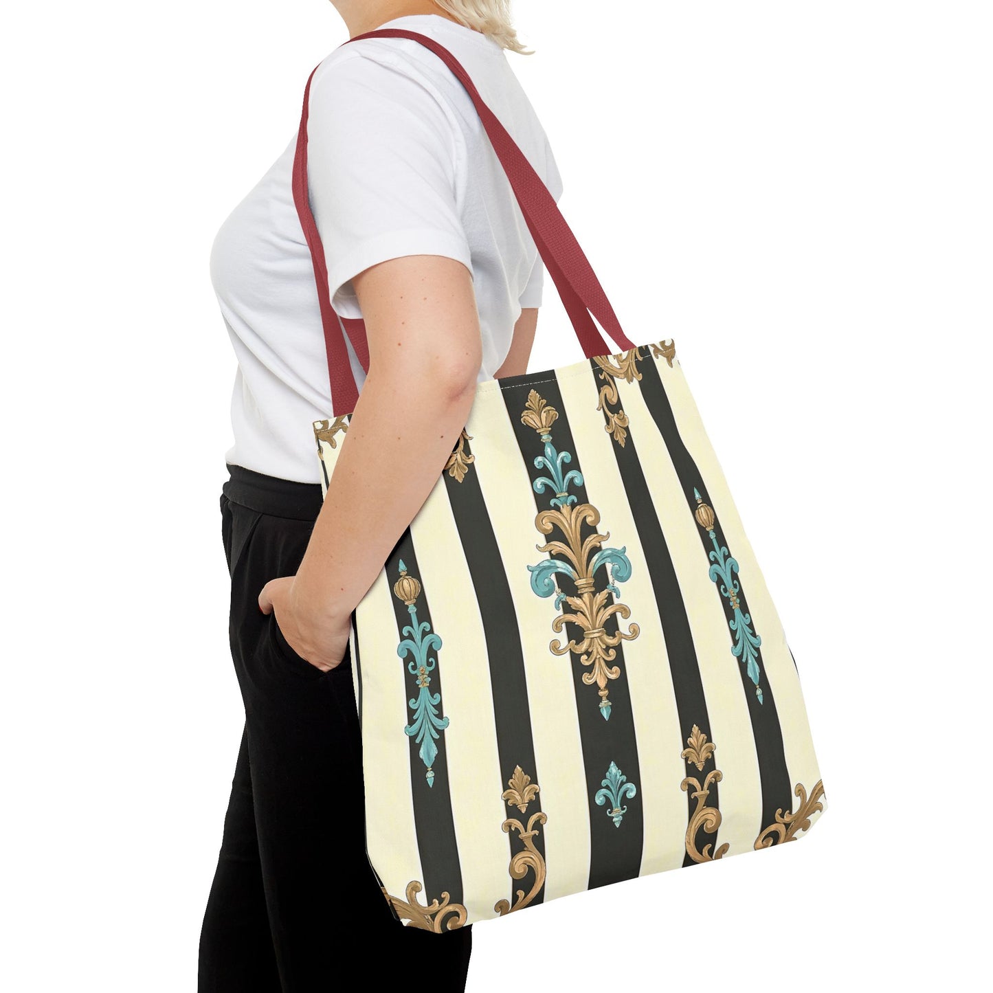 Elegant Stripe Pattern Tote Bag | Fashionable Reusable Shopping Tote, Eco-Friendly Gift Bag - Black Striped Turquoise & Black Rococo