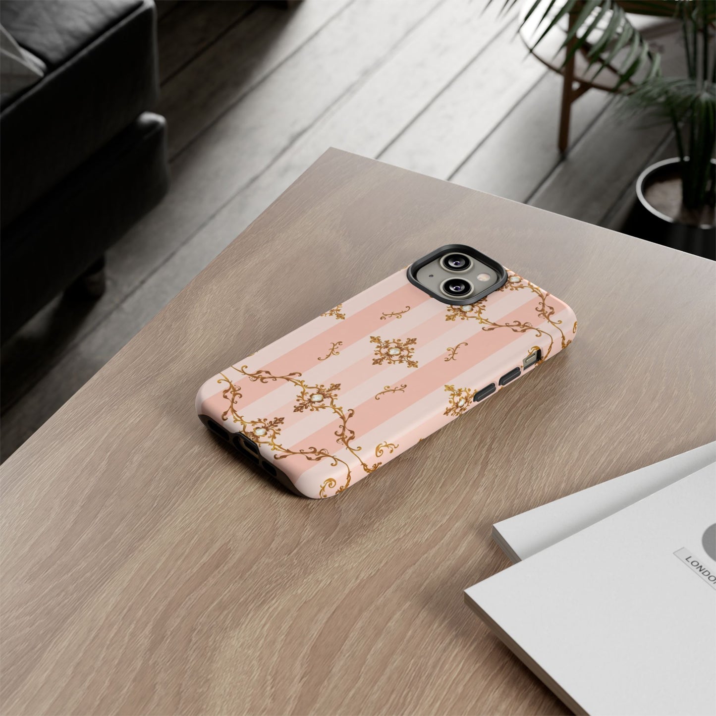 Elegant Floral Phone Case, Tough Cases for Women, Trendy Phone Cover, Chic Gift - Pink Jeweled Striped Gold Baroque