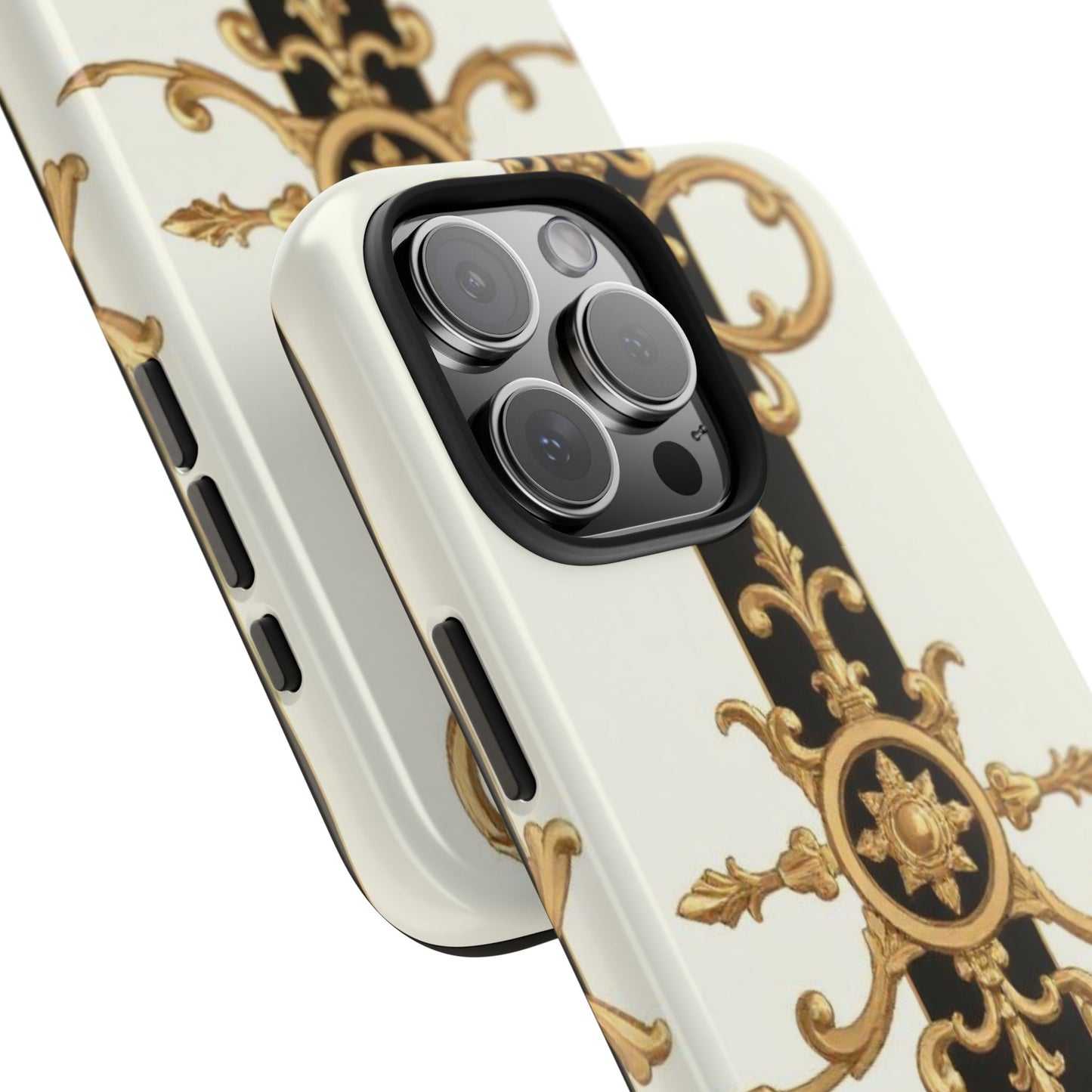 Elegant Baroque Tough Phone Case | Stylish Protection for Your Device, Gift for Her, Phone Accessories - Black & White Striped Gold Baroque