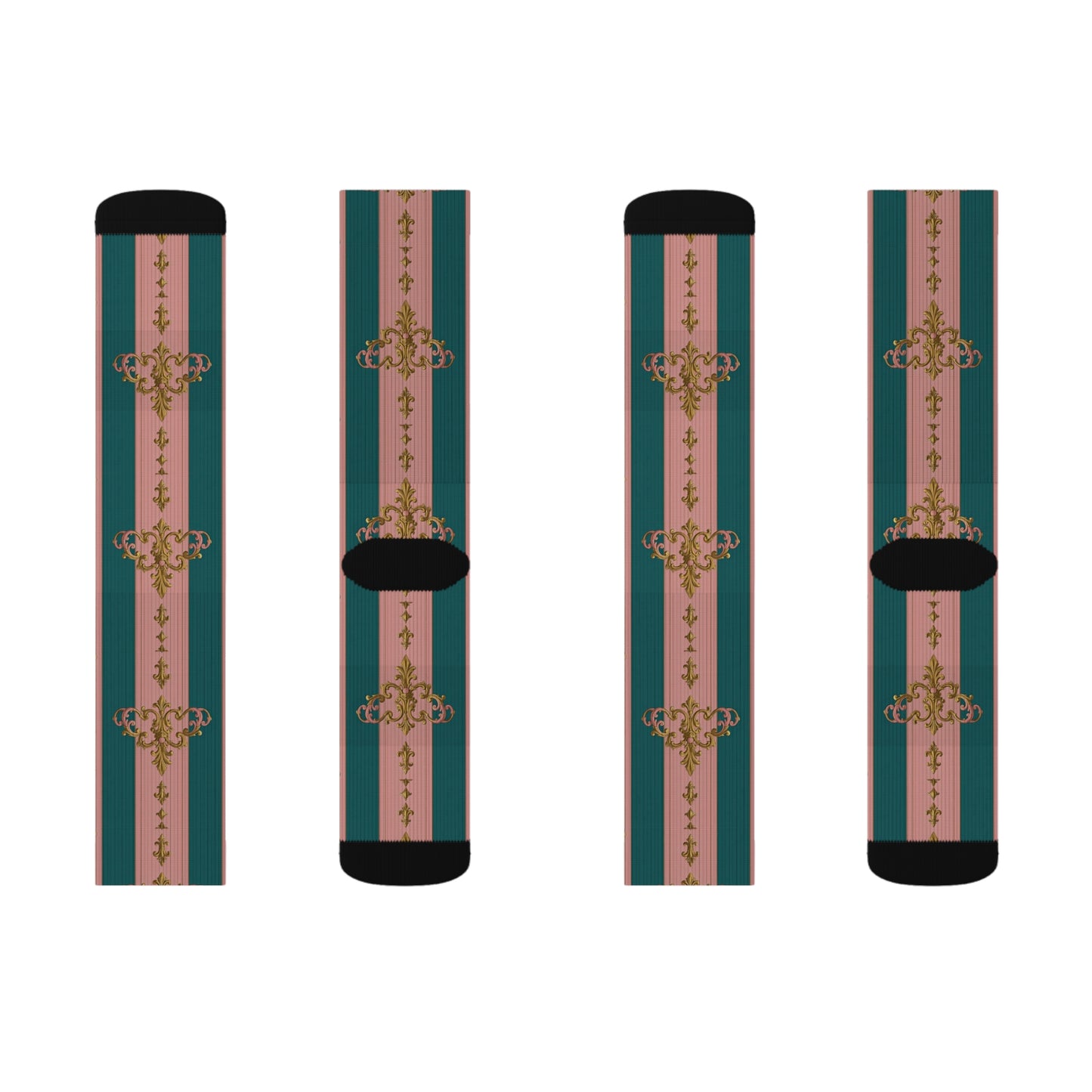 Chic Sublimation Socks, Fashion Accessories, Gift for Her, Trendy Socks, Unique Design, Casual Wear - Pink & Teal Striped Gold Baroque