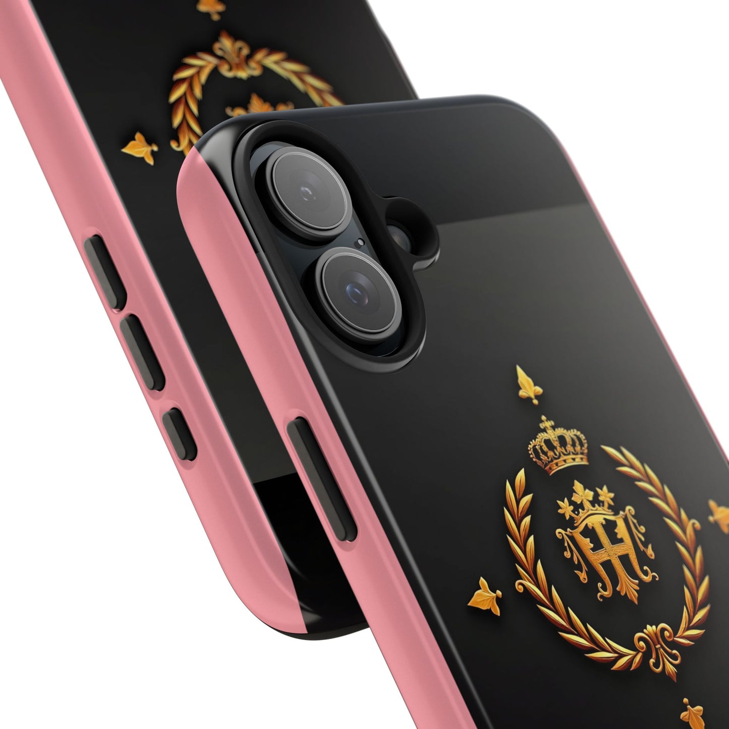 Tough Phone Case with Regal Design - Elegant Phone Protection, Gift for Him/Her, Royalty Inspired - Pink Striped Gold Crest