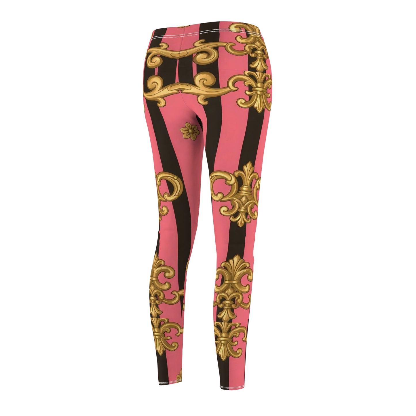 Chic Women's Leggings, Trendy Activewear, Casual Fashion, Gift for Her, Yoga, Fitness, Everyday Wear - Pink & Black Striped Gold Baroque