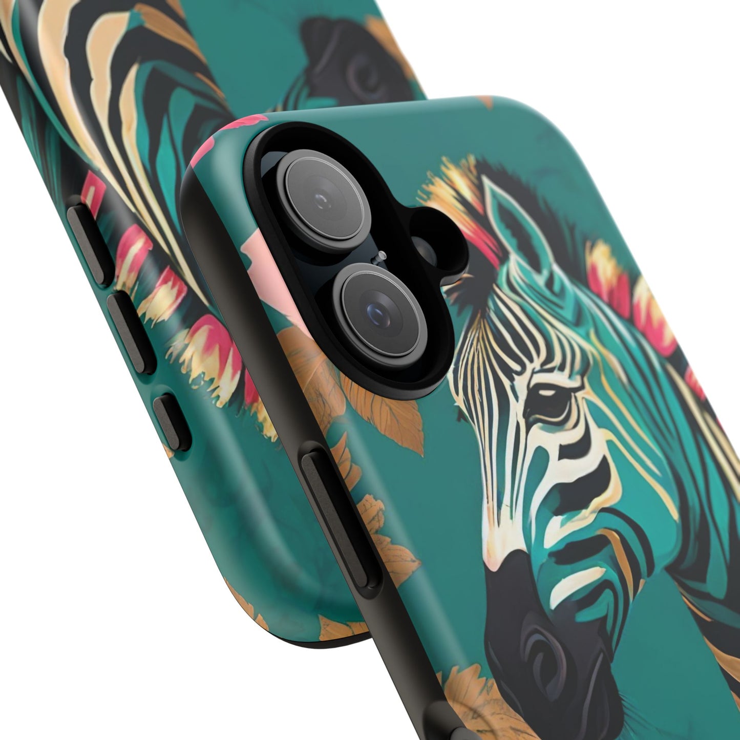 Phone Case - Elegant Teal & Gold Zebra & Roses Design