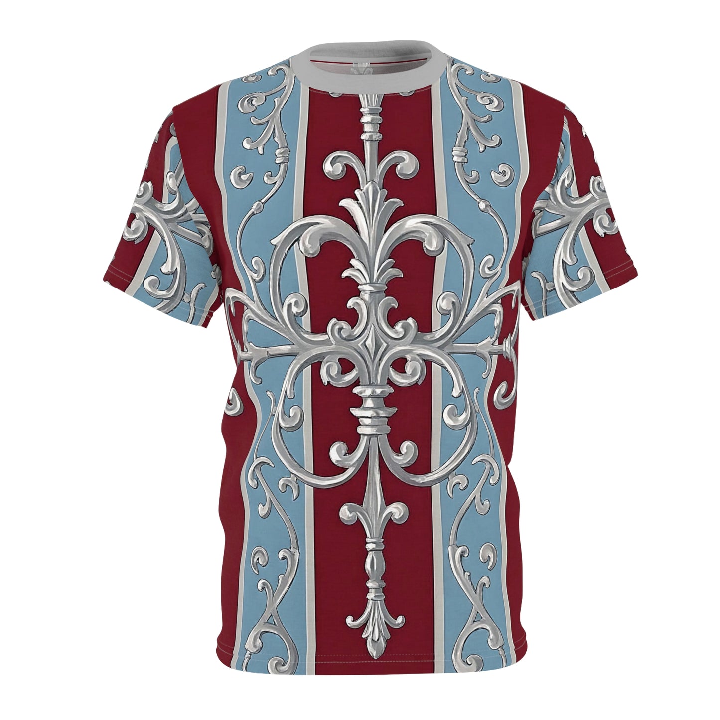 Regal Pattern Unisex Cut & Sew Tee - Elegant Floral Design Shirt for Fashion Lovers - Ice Blue & Burgundy Striped Baroque