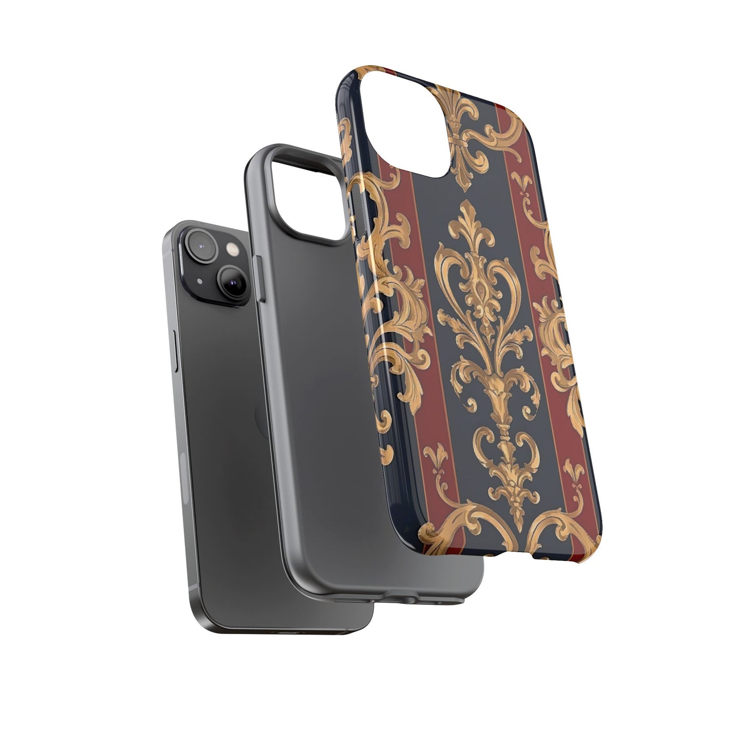 Elegant Floral Motif Phone Case - Tough Cases with Vintage Design - Midnight Blue & Dusk Red Striped Gold Damask