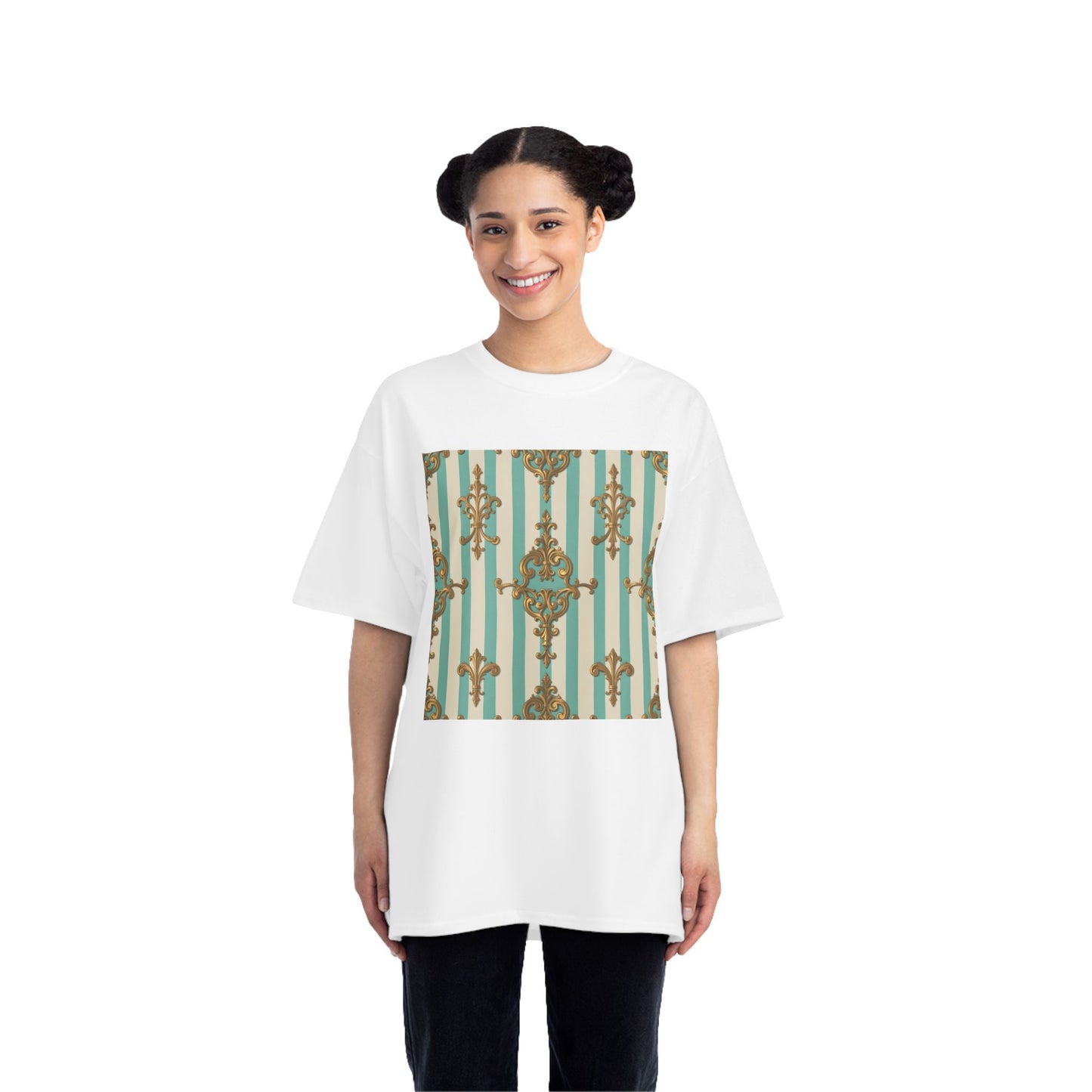 Elegant Patterned Short-Sleeve T-Shirt, Fashion Tee, Casual Wear, Gift for Her, Summer Style, Unique Design - Matte Green Striped Rococo