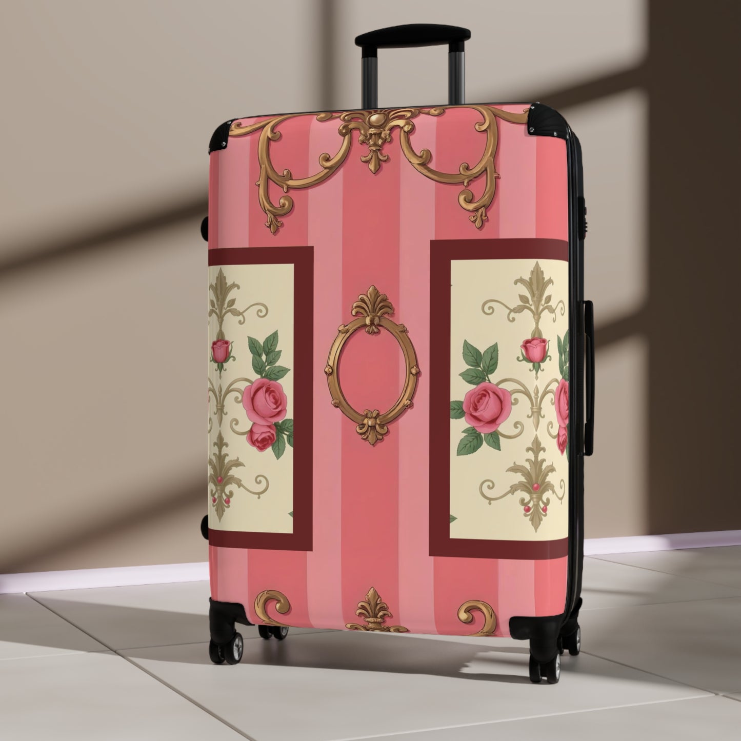 Vintage Floral Design Suitcase | Stylish Travel Luggage for Fashion Lovers - Pink Striped Baroque & Roses