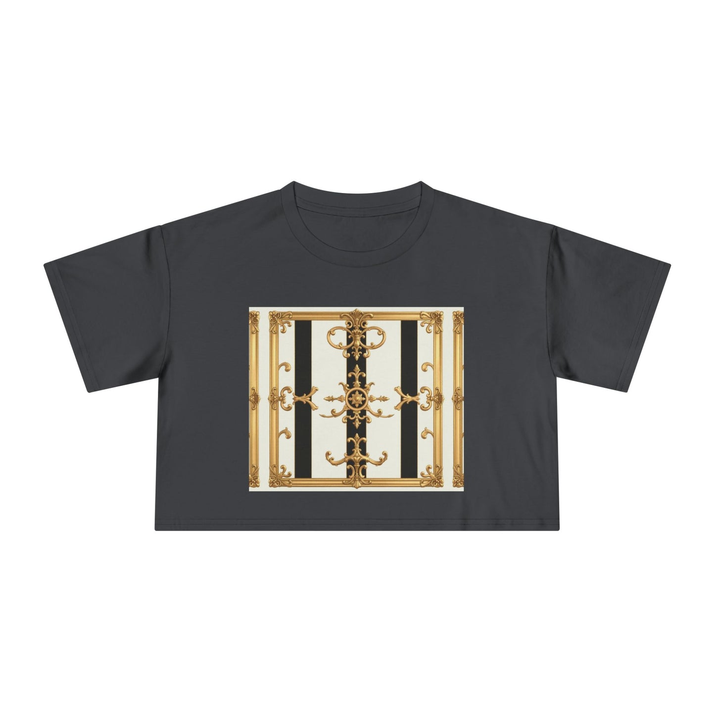 Chic Gold Baroque Women's Crop Tee, Stylish Summer Top, Fashionable Gift for Her, Casual Fashion - Black & White Striped Gold Baroque