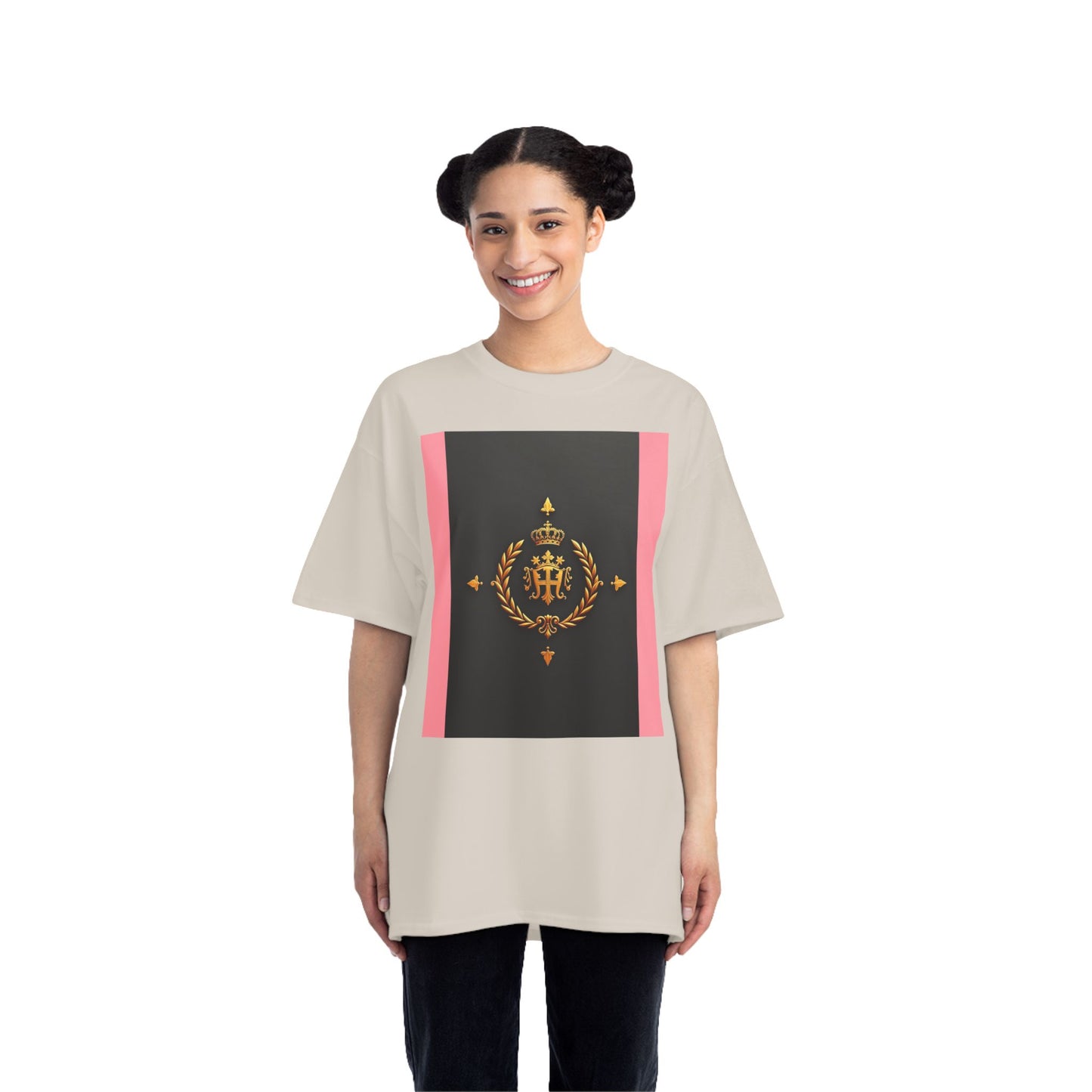 Short-Sleeve Graphic T-Shirt, Stylish Casual Wear, Trendy Gift for Friends, Summer Fashion, Statement Tee, Everyday Comfort - Pink Striped Gold Crest