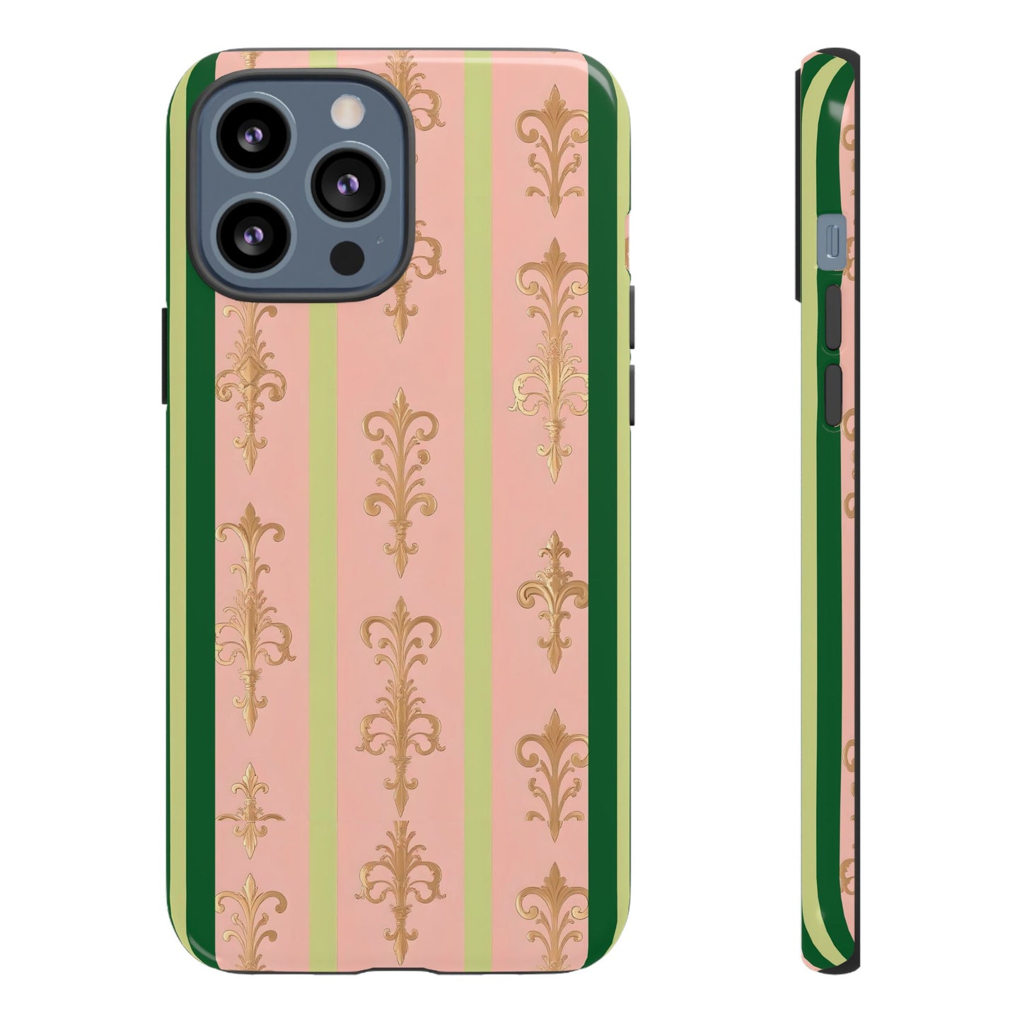 Elegant Floral Motif Phone Case - Tough Cases with Vintage Design - Lime Green & Pink Striped Damask