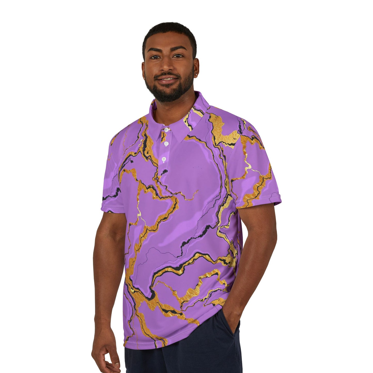 Stylish Lavender Marble Print Polo Shirt, Unisex Fashion Top, Trendy Casual Wear, Summer Fashion, Gift Idea for Him/Her