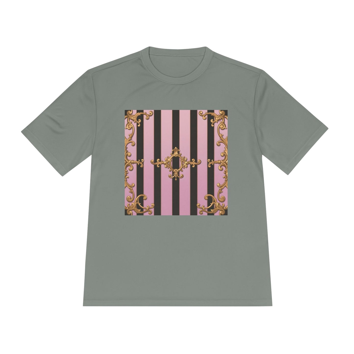 Elegant Striped Unisex Moisture Wicking Tee, Stylish Workout T-Shirt, Fashionable Athletic Top - Matte Lavender & Black Striped Gold Baroque