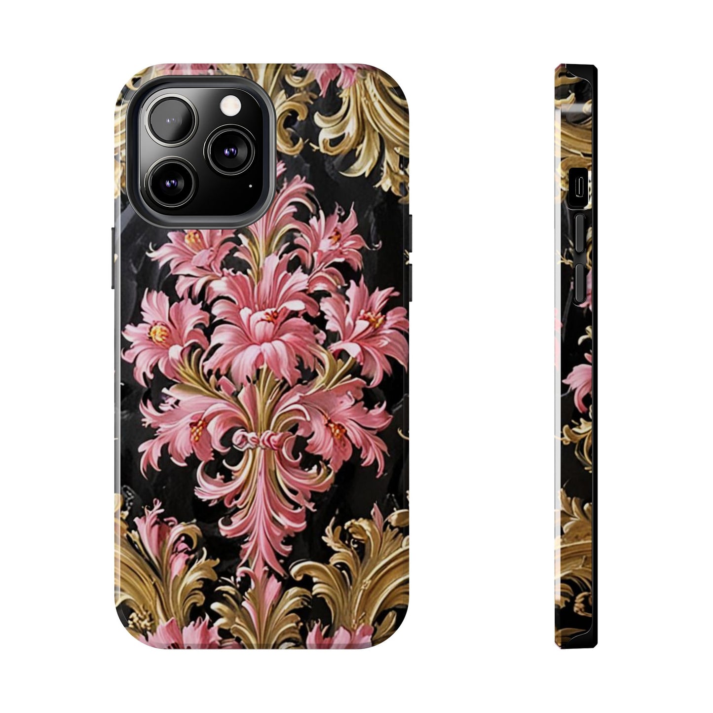 Elegant Floral Tough Phone Cases | Stylish Protection for Her | Gift for Birthdays - Black & Pink Oil Painting Style Rococo