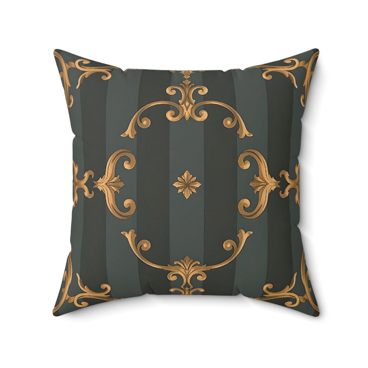 Elegant Faux Suede Square Pillow with Gold Accents - Gray Striped Baroque