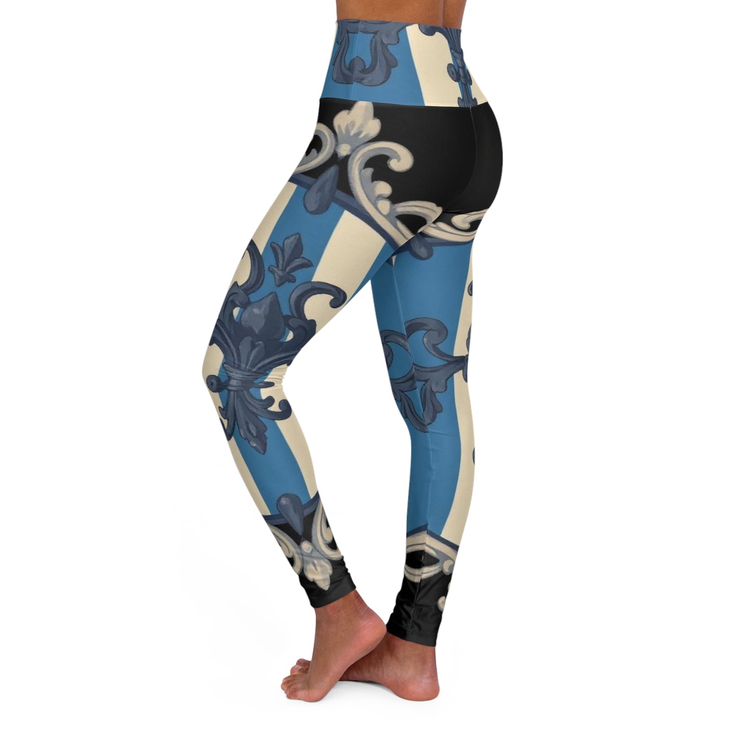 Chic Blue & Alabaster Striped Baroque High Waisted Yoga Leggings, Stylish Workout Gear, Activewear, Fitness Fashion, Comfortable Leggings