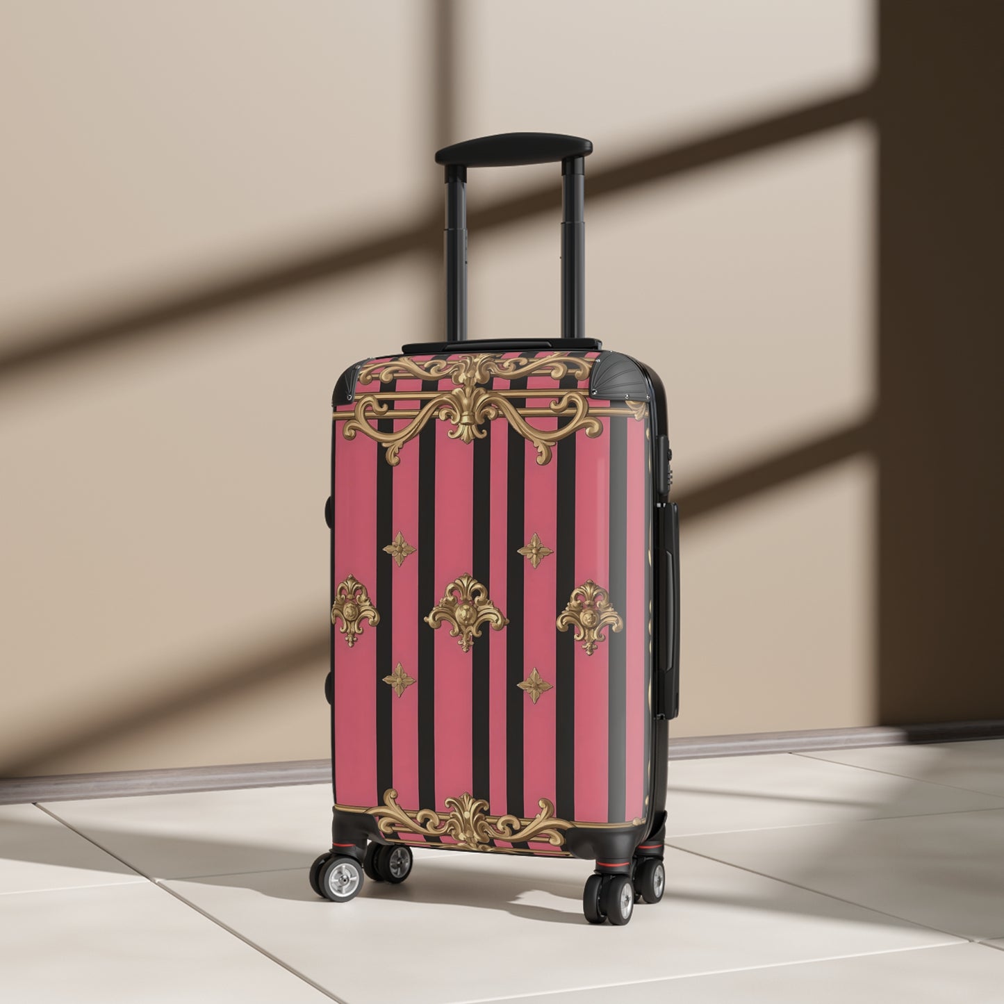 Chic Travel Suitcase for Fashionable Adventurers - Stylish Luggage, Pink Travel Bag, Unique Suitcase, Trendy Carry-On - Pink Striped Gold Rococo