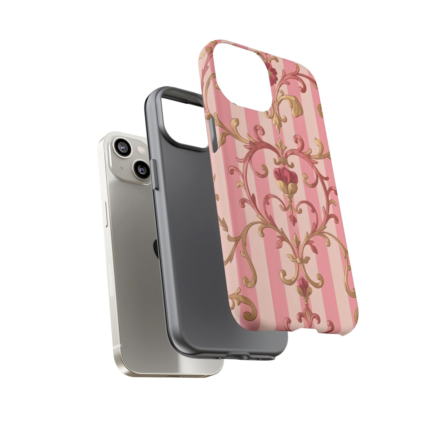 Elegant Floral Motif Phone Case - Tough Cases with Vintage Design - Pink Striped Rose Gold Damask