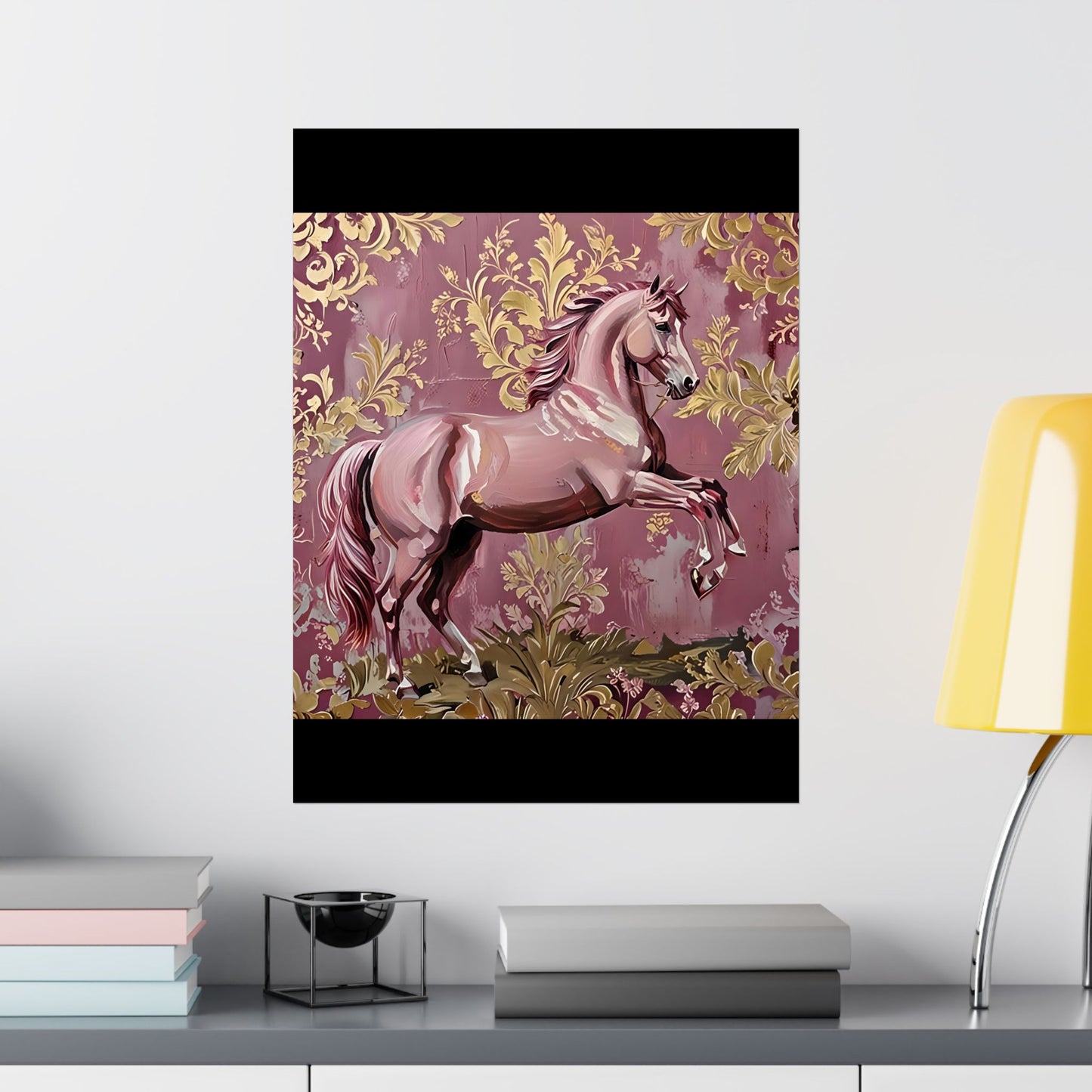 Floral Motif Art Poster - Elegant Matte Vertical Wall Decor - Mauve Horse & Gold Damask