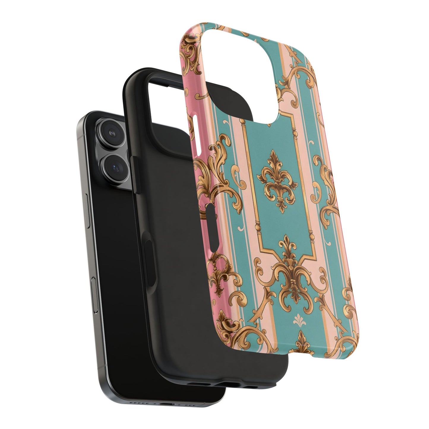 Elegant Floral Tough Phone Case, Artistic Phone Cover, Gift for Her, Chic Phone Accessory - Pink & Matte Turquoise Striped Rococo