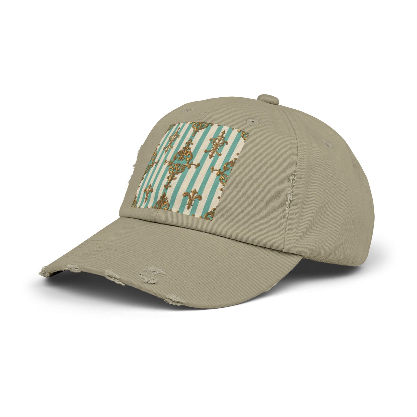 Stylish Unisex Distressed Cap with Vintage Pattern, Casual Hat for Everyday Wear, Gift for Birthdays - Matte Green Striped Rococo