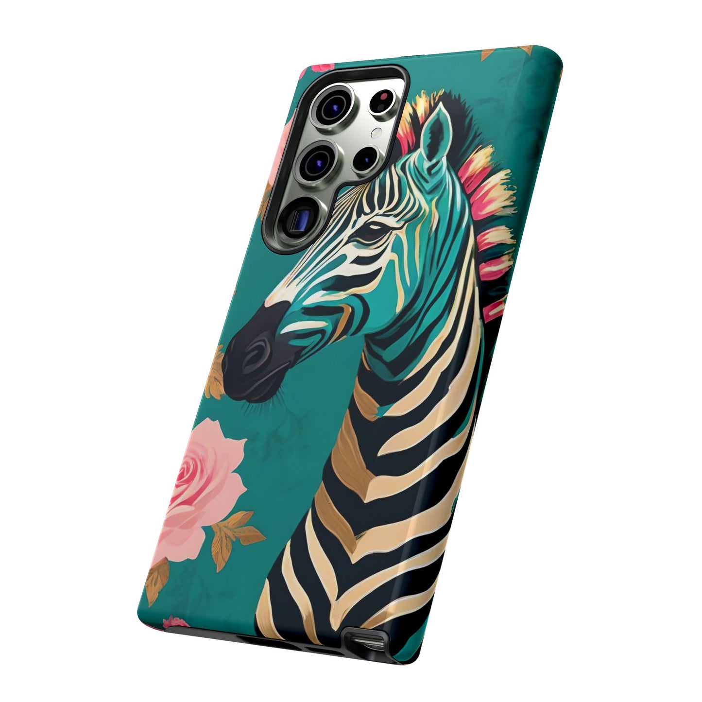 Phone Case - Elegant Teal & Gold Zebra & Roses Design
