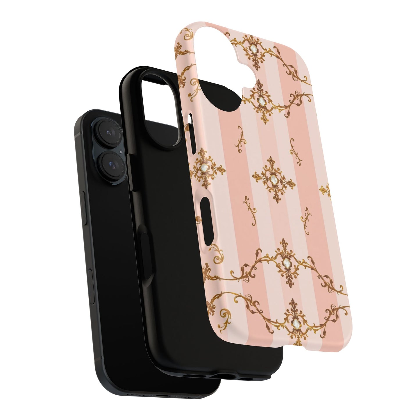 Elegant Floral Phone Case, Tough Cases for Women, Trendy Phone Cover, Chic Gift - Pink Jeweled Striped Gold Baroque
