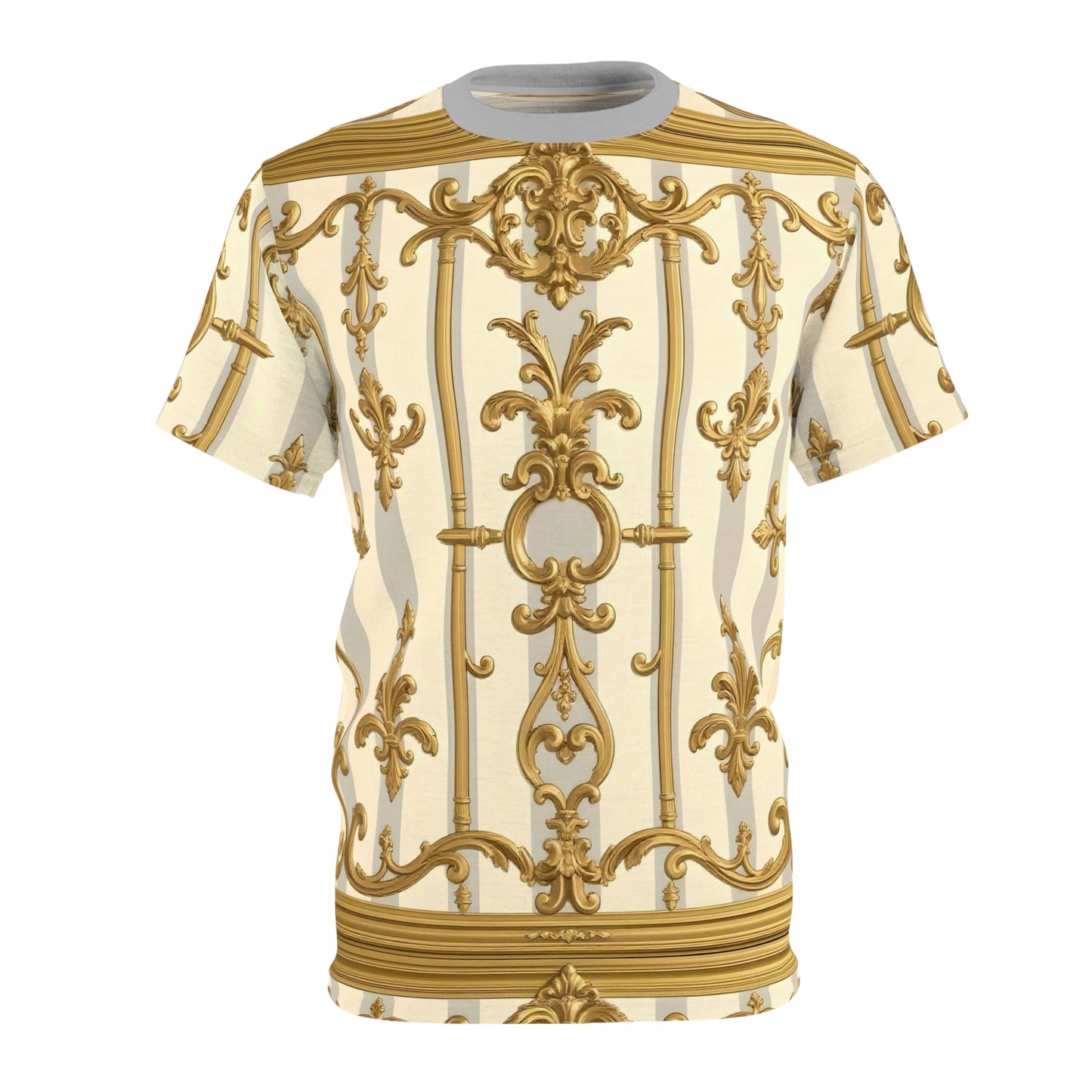 Elegant Gold Patterned Unisex Tee | Fashionable Summer Style, Trendy Gift, Unique Festival Wear - Matte Gray & Cream Striped Gold Baroque