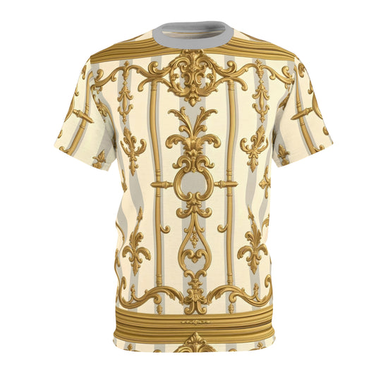Elegant Gold Patterned Unisex Tee | Fashionable Summer Style, Trendy Gift, Unique Festival Wear - Matte Gray & Cream Striped Gold Baroque