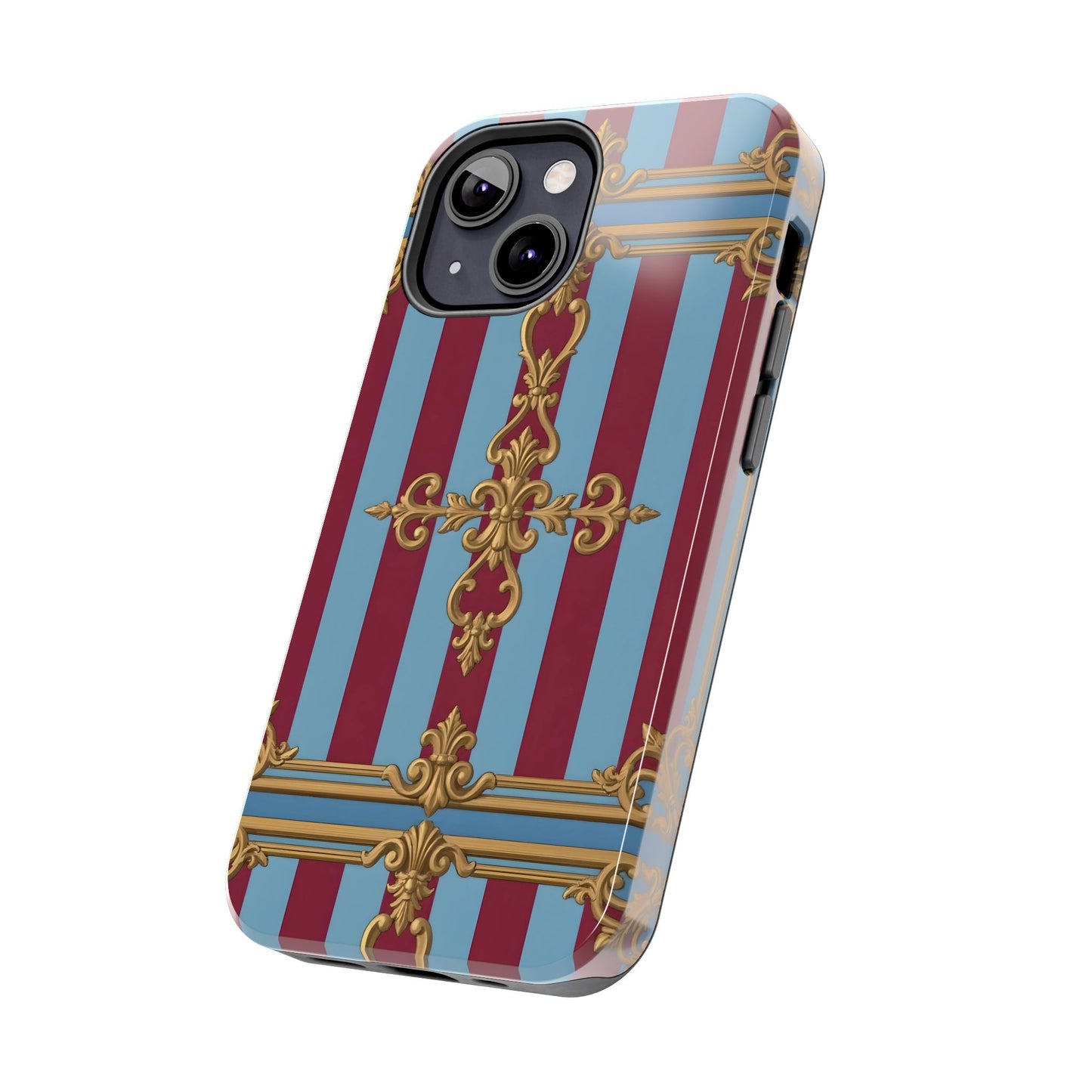 Elegant Patterned Tough Phone Cases, Stylish Phone Cover, Durable Phone Protection, Unique Gift Idea - Sky Blue & Maroon Striped Baroque