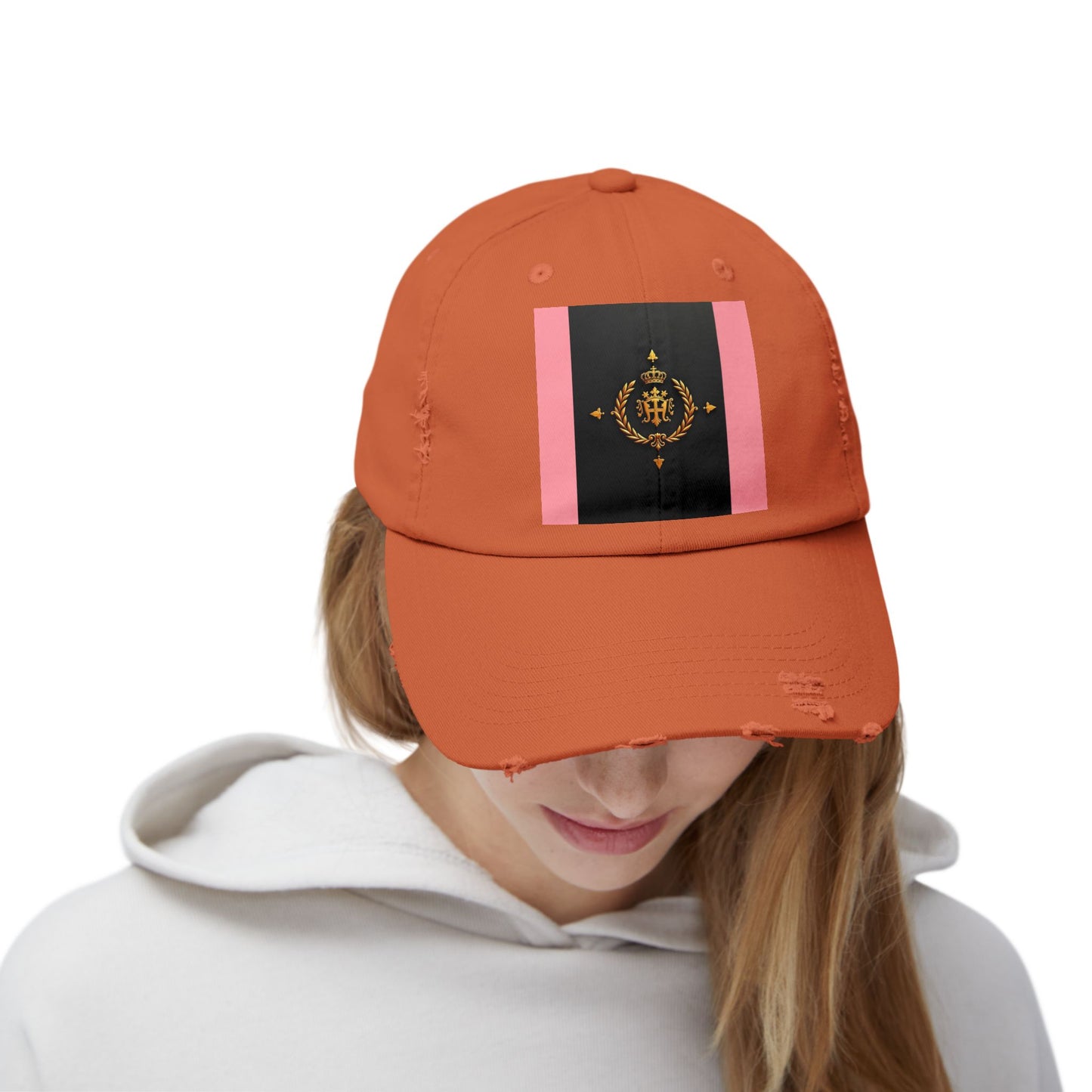 Stylish Unisex Distressed Cap with Trendy Design, Casual Accessories for Everyday Wear, Fashion Statement Cap - Pink Striped Gold Crest