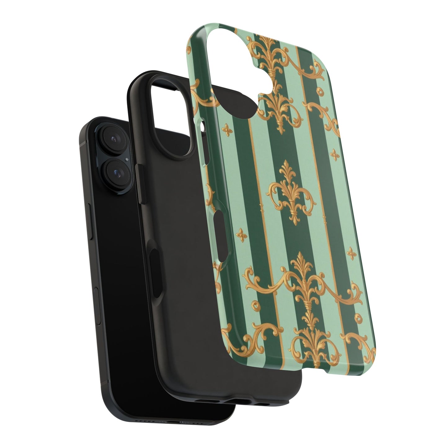 Elegant Floral Tough Phone Cases | Stylish Phone Protection, Gift for Her, Trendy Accessory, Unique Decor - Mint Green & Teal Striped Gold Baroque