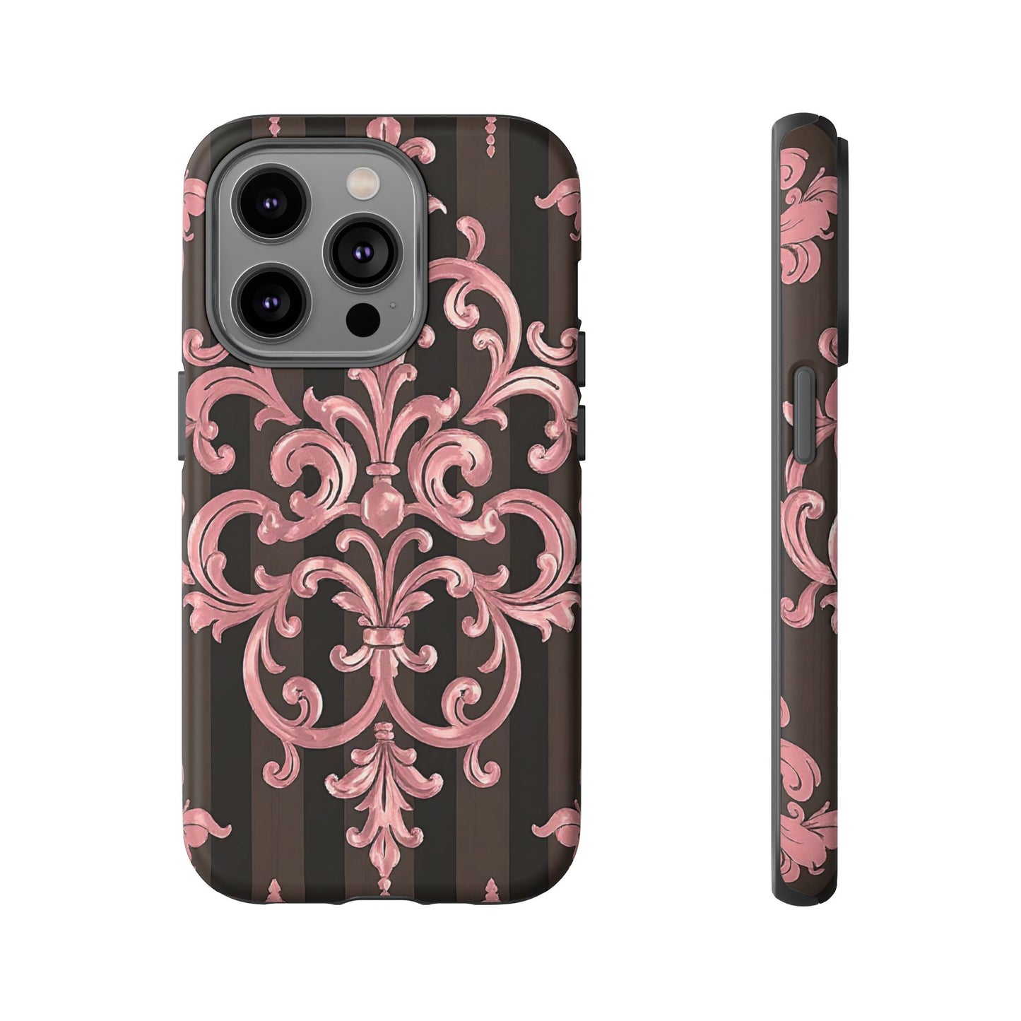 Elegant Floral Motif Phone Case - Tough Cases with Vintage Design - Brown Striped Mauve Damask