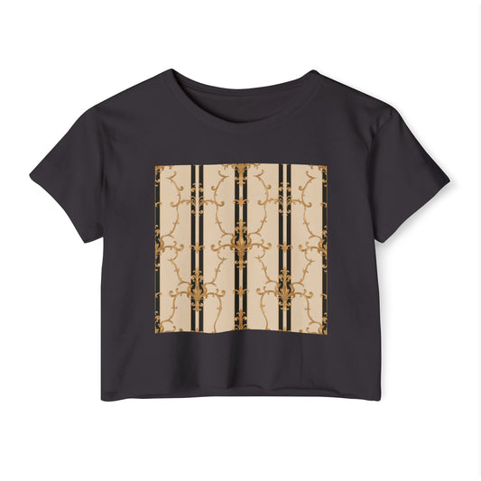 Festival Crop Top, Stylish Summer Tee, Trendy Women's Shirt, Festival Wear, Perfect for Music Events - Black & Beige Striped Damask