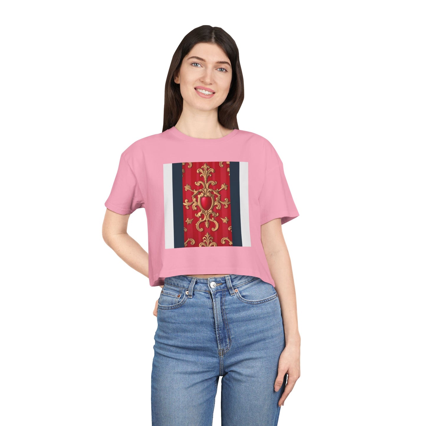 Women's Vintage Floral Crop Tee, Casual Summer Top, Bohemian Fashion, Trendy T-Shirt, Vacation Outfit - Blue, Red & White Striped Baroque