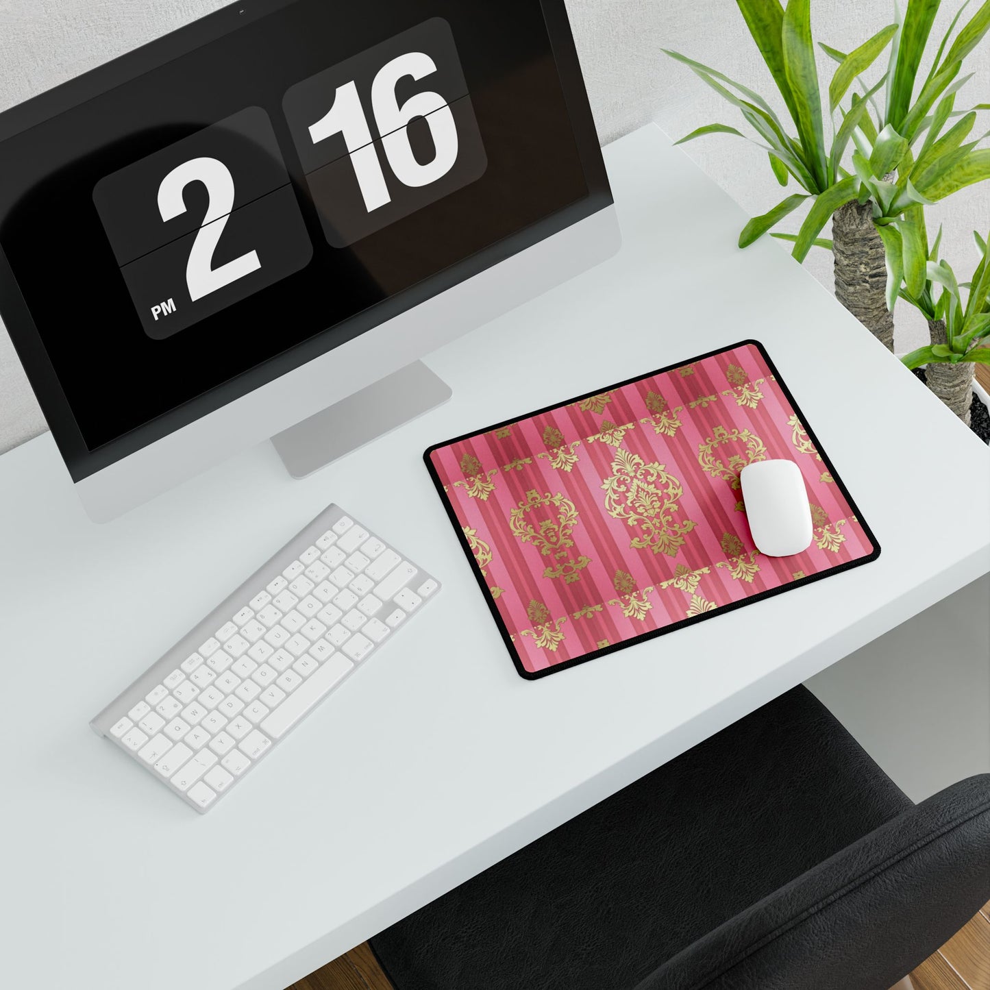 Elegant Floral Motif Desk Mat for Home Office Decor - Pink Striped Gold Damask