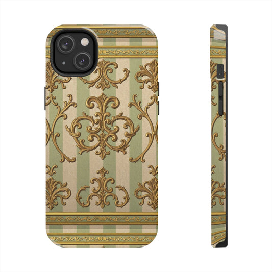 Vintage Elegance Phone Case, Tough Phone Cases for Style, Gift for Birthdays, Stylish Protection - Mint Green & Beige Striped Gold Baroque