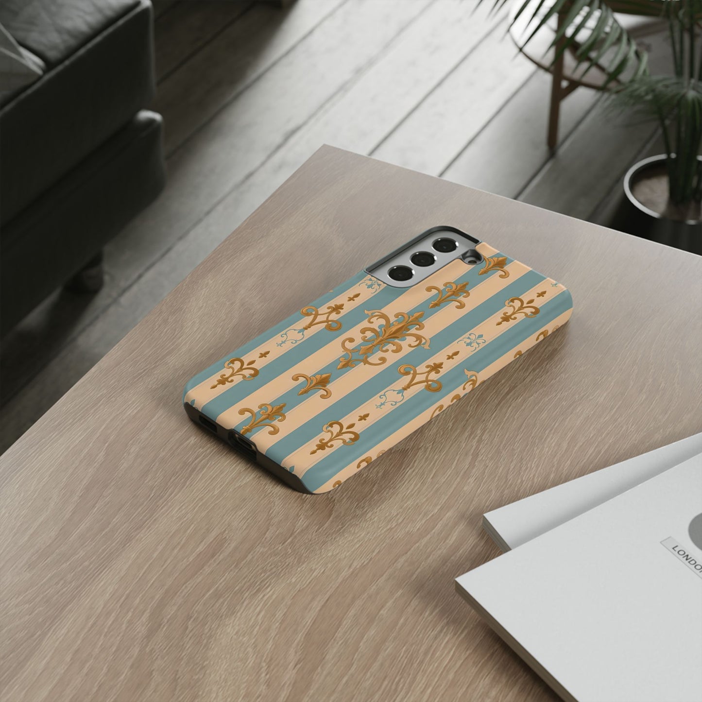 Elegant Floral Motif Phone Case - Tough Cases with Vintage Design -  Beige & Sky Blue Striped Gold Damask