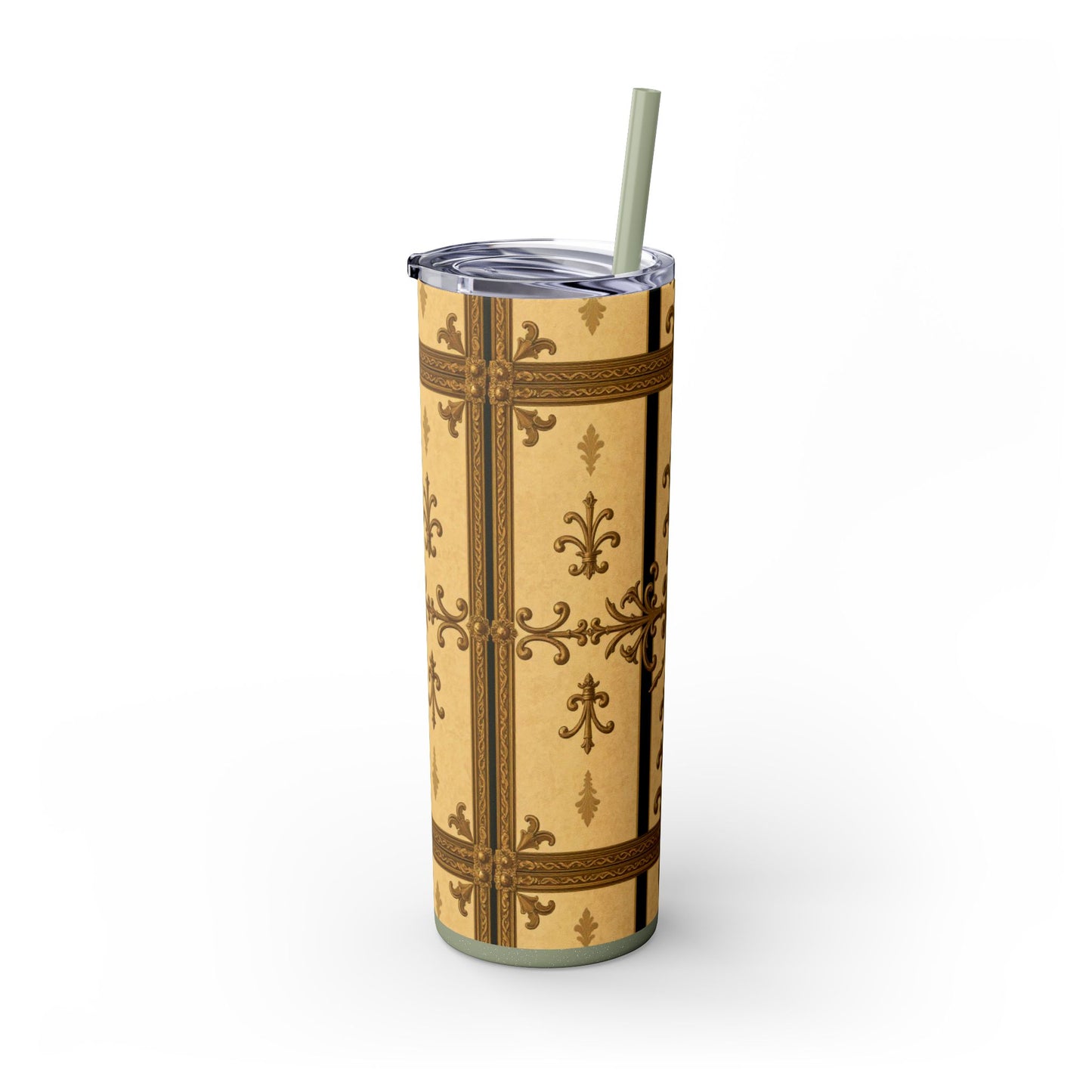 Elegant Vintage Skinny Tumbler, 20oz Insulated Drink Cup, Perfect for Home, Office, Gifts, Holidays, Travel - Matte Yellow Striped Antique Rococo