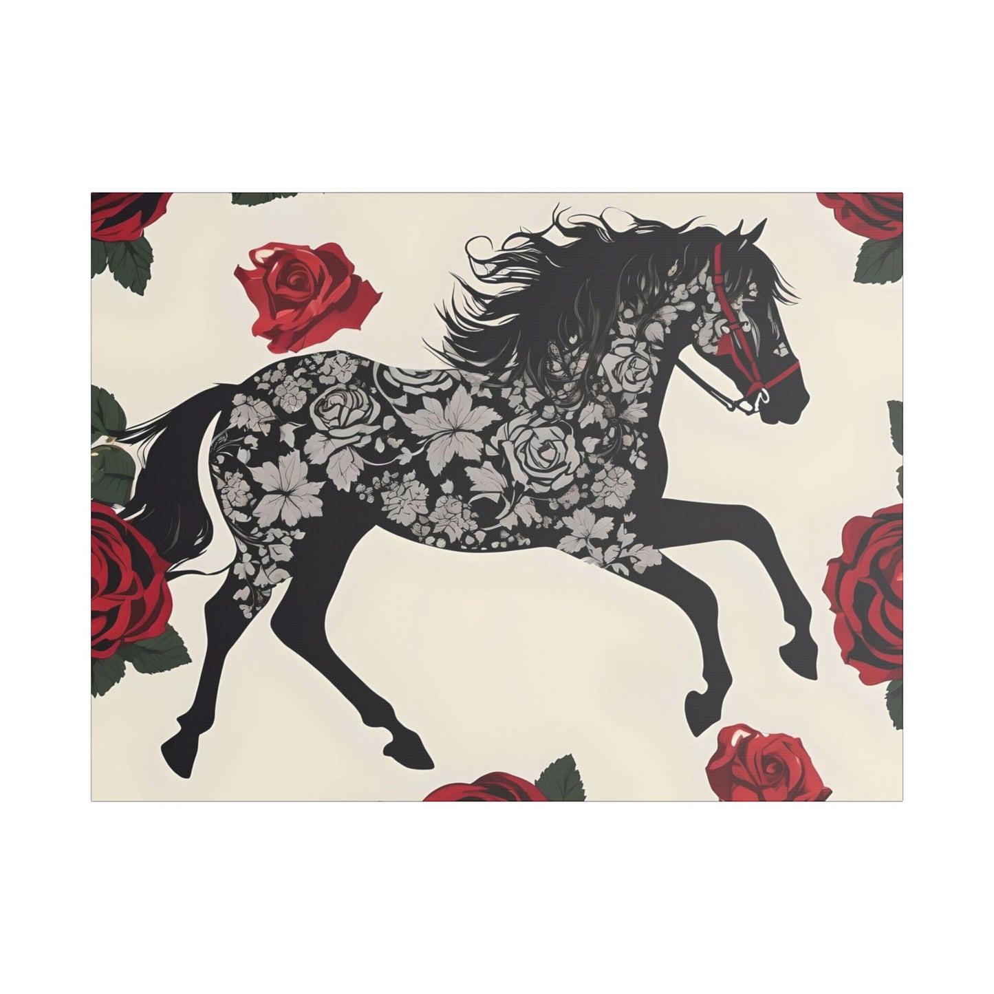 Art Print Canvas, Wall Decor, Satin Stretched Canvas, Equestrian Art, Office Decor, Home Decor - Horse & Roses