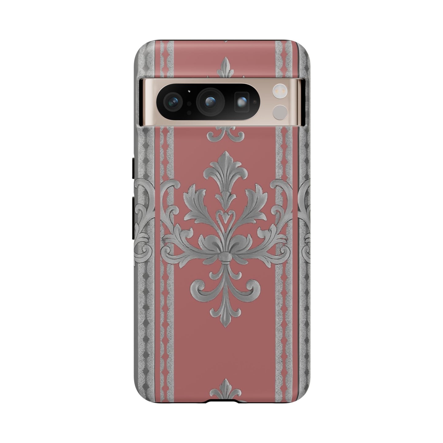 Elegant Floral Phone Case - Tough Cases for Stylish Protection - Gray & Mauve Striped Baroque