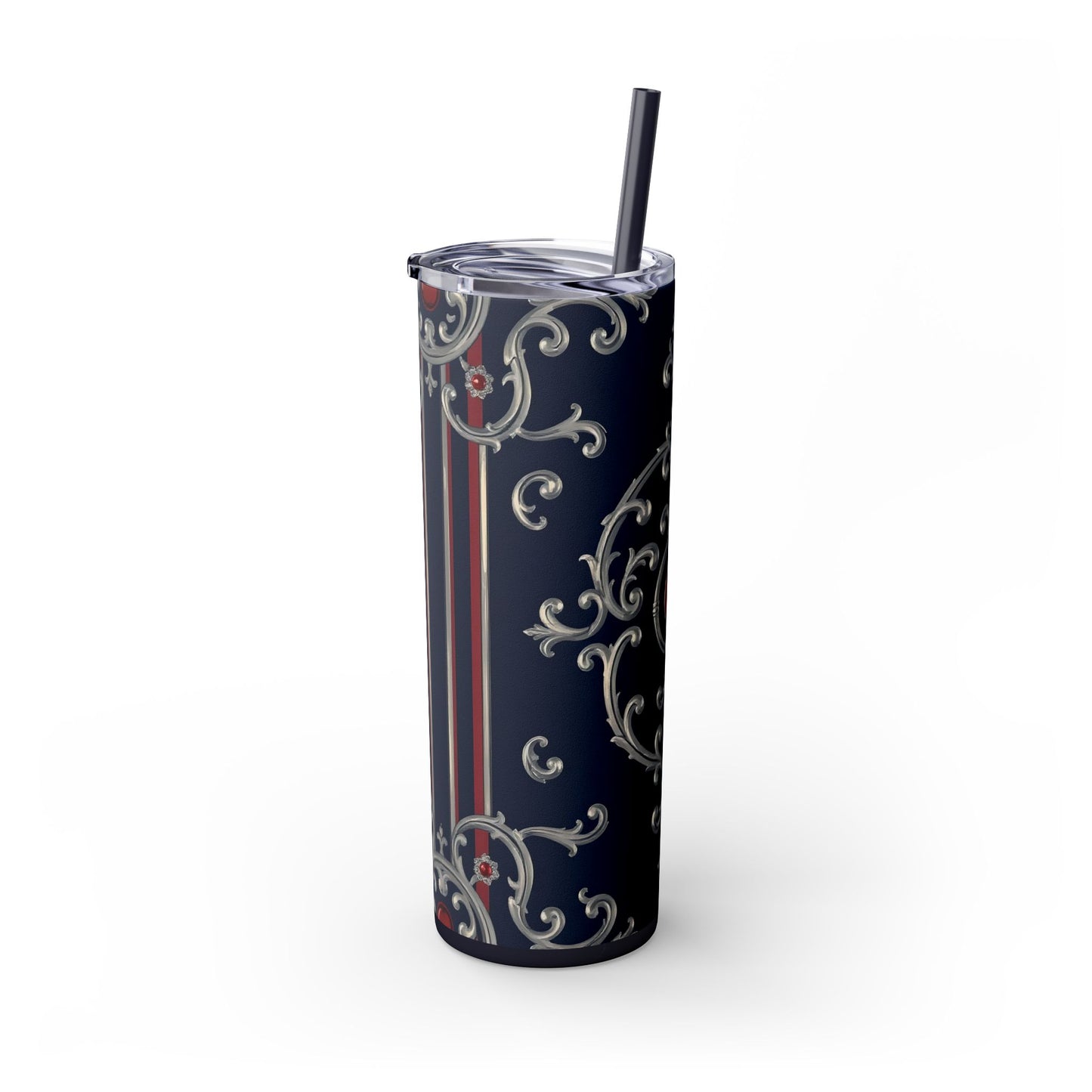 Elegant Patterned Skinny Tumbler with Straw, 20oz - Stylish Travel Mug, Personalized Gift, Wedding Favor - Blue & Red Striped Silver Baroque