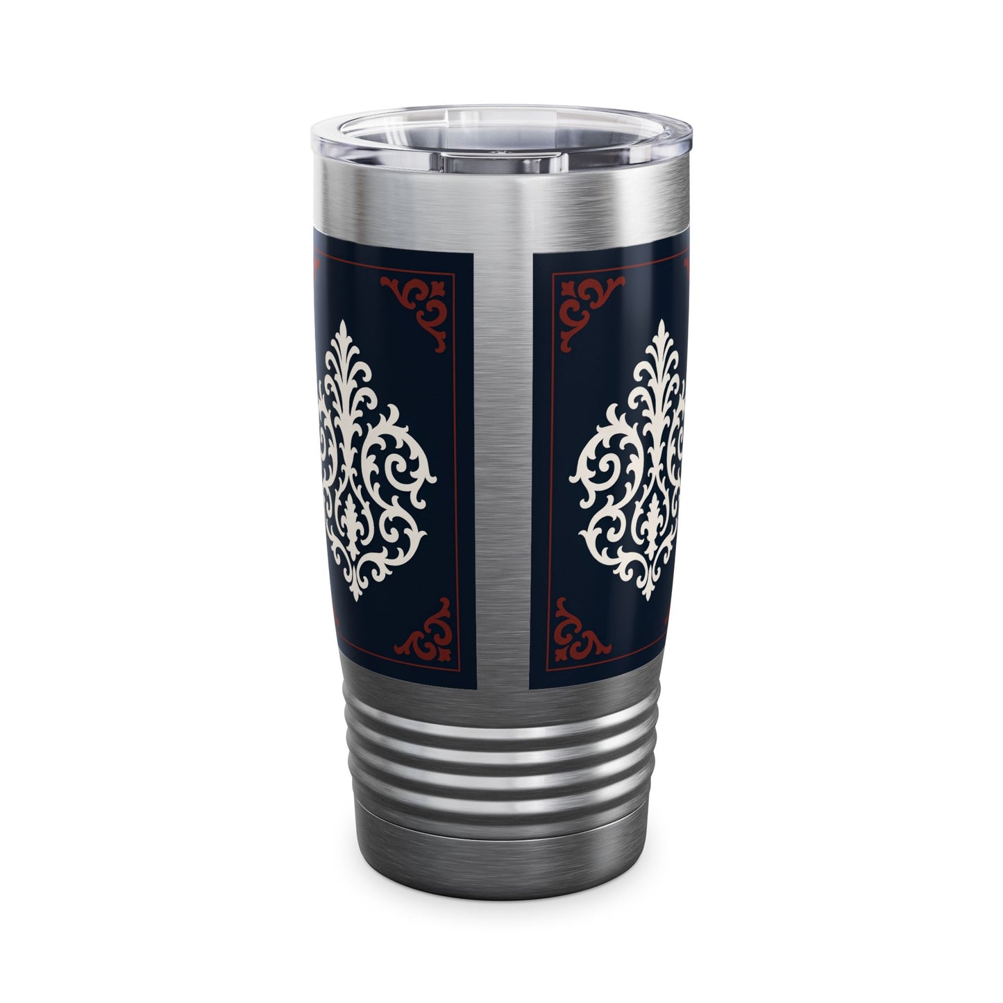 Dusk Blue-Maroon & White Baroque 20oz Ringneck Tumbler with Classic Baroque Design — Elegant Travel Mug