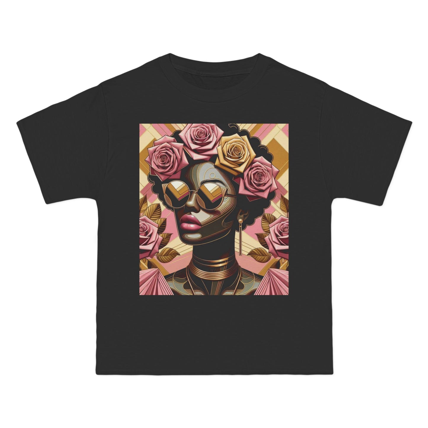 Artistic Floral Feminine T-Shirt, Stylish Tee with Mixed Media Design, Vibrant Short-Sleeve Top, Trendy Casual Wear - Pink Roses Lady